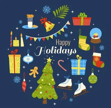 Christmas icon vector set in flat style with lettering in the form of a cir.. Stock Illustration