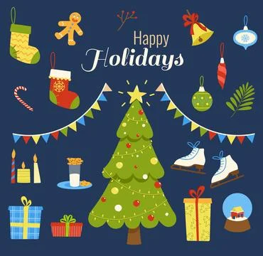 Christmas icon vector set in flat style with lettering. Christmas decor and.. Stock Illustration