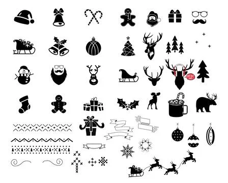 Christmas icons and elements set. Silhouette files for cricut bundle woth santa Stock Illustration
