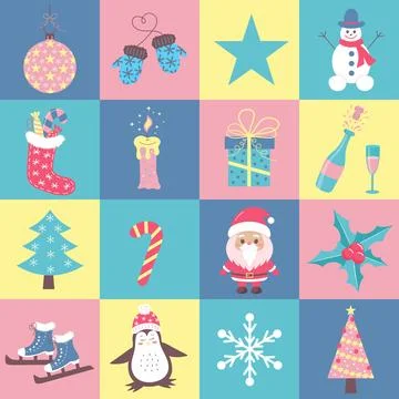 Christmas icons, characters, elements with geometric seamless square patter.. Stockillustratie
