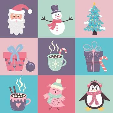 Christmas icons, characters, elements with geometric seamless square patter.. Stock Illustration