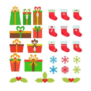 Christmas icons set. Gift boxes, snowflakes, holly berries, Christmas stock.. Stock Illustration