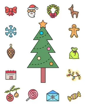 Christmas Icons Set, Pine Tree Decorated Vector Illustrazione stock