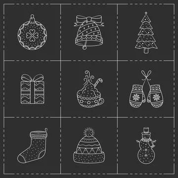 Christmas icons set. Vector line art style. Stock Illustration