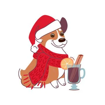 Christmas illustration of a corgi with a glass of mulled wine. New Years dog in Stock Illustration