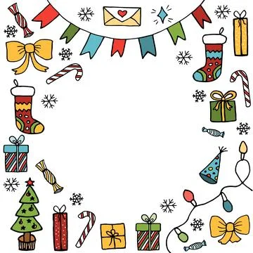 Christmas illustration, vector background. Frame made of festive elements Stock Illustration