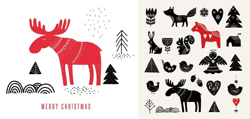 Christmas illustrations, hand drawn elements in Scandinavian style Stock Illustration