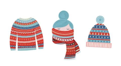 Christmas illustrations, winter patterned elements. Sweater, girl with a scarf Stock Illustration