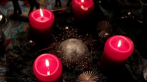Christmas installation with red burning decorative candles Stock Footage 74476486