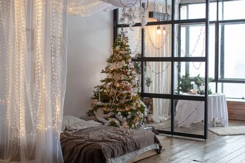 Christmas interior with bed. Foto stock