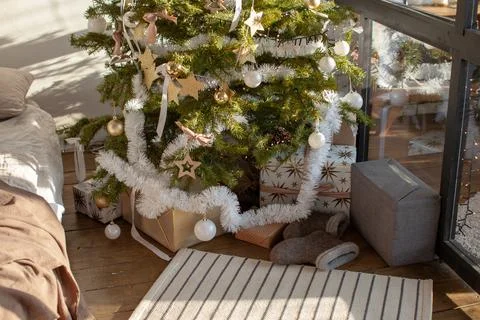 Christmas interior with bed. Stock Photos