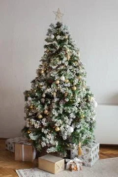 Christmas interior with bed. Stock Photos