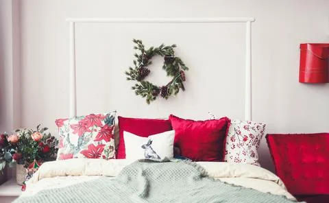 Christmas interior with bed Stock Photos