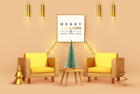 Christmas interior design with realistic 3d objects, beige and gold colors... Stock Illustration