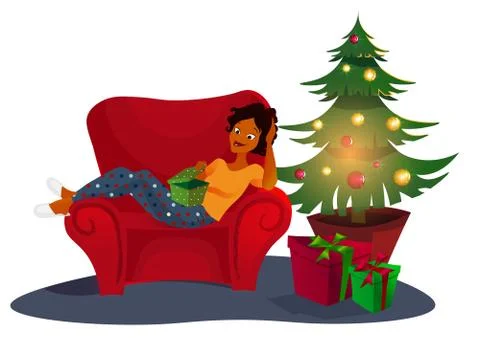 Christmas interior with an elegant red sofa. Comfort home. .  tree  presents Stock Illustration