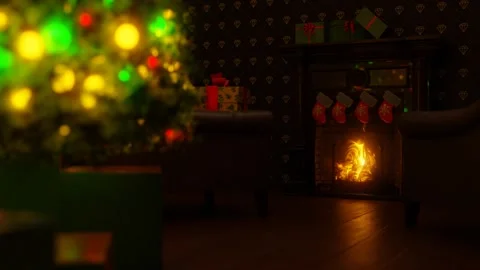 Christmas interior with gift boxes, ornaments and cozy fireplace decorations. Stock-Footage 256076592