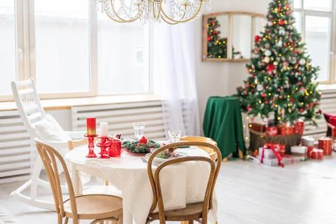 Christmas interior of a kitchen in rustic style in scandinavian style Stock Photos