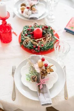 Christmas interior of a kitchen in rustic style in scandinavian style Stock Photos
