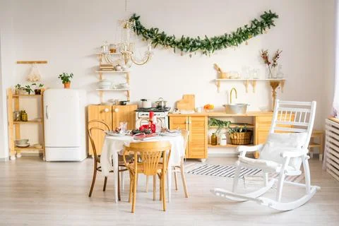 Christmas interior of a kitchen in rustic style in scandinavian style Stock Photos