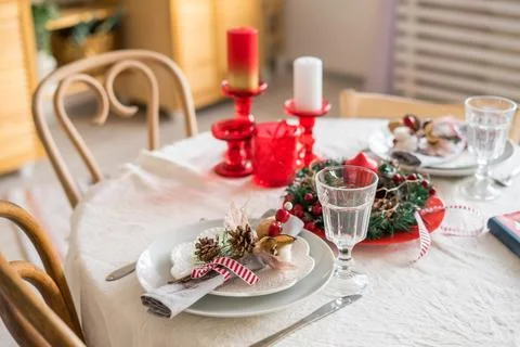 Christmas interior of a kitchen in rustic style in scandinavian style Stock Photos