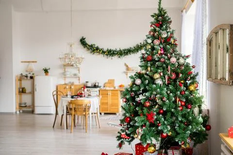 Christmas interior of a kitchen in rustic style in scandinavian style Stock Photos