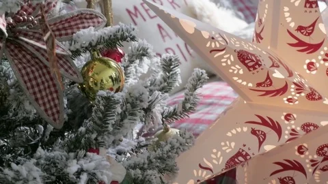 Christmas interior in the studio. large plan. Bed and Christmas tree Stockbeeldmateriaal 85228981