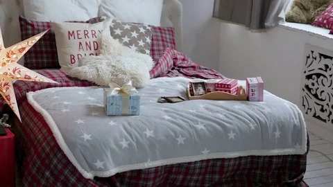 Christmas interior in the studio. large plan. Bed and Christmas tree Stock Footage 85232136