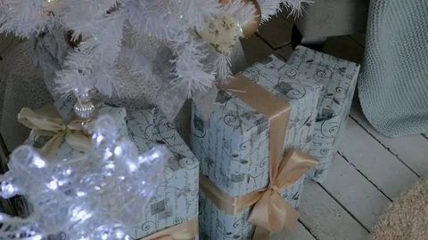 Christmas interior in the studio. large plan. Bed and Christmas tree 動画素材 85265089