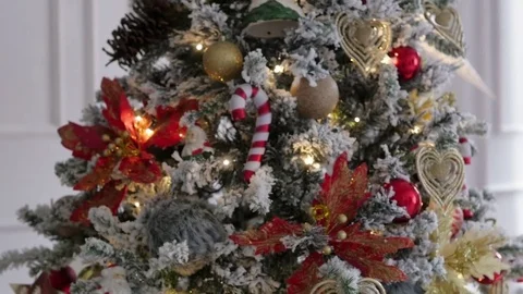Christmas interior in the studio. large plan. Bed and Christmas tree Stock Footage 85266063