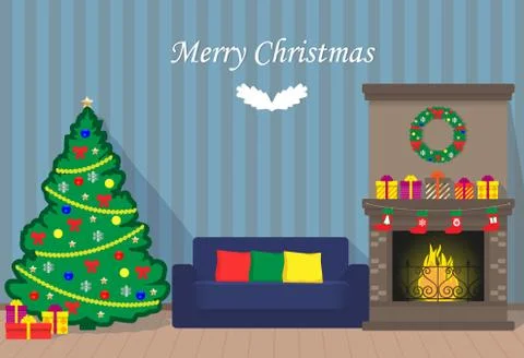 Christmas interior with xmas tree, fireplace, sofa, wreath, gift boxes, with  Stock Illustration
