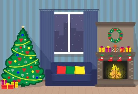 Christmas interior with xmas tree, fireplace, sofa, window, wreath, gift boxe Stock Illustration