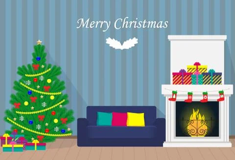Christmas interior with xmas tree, fireplace, sofa, wreath, gift boxes, with  Illustrazione stock
