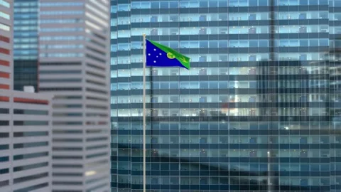 Christmas Island Flag 3D Render Animation Waving Against Glass Office Buildi Stock Footage 333079081