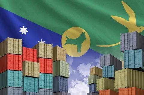 Christmas island flag and big stack of shipping cargo containers in docks with イラスト素材