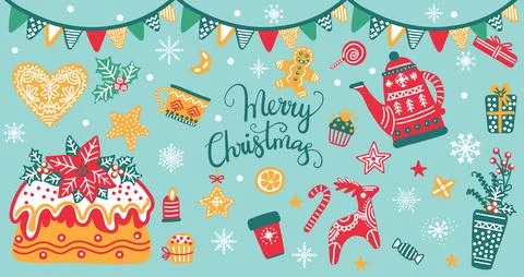 Christmas isolated elements flat card collection vector set Stock Illustration