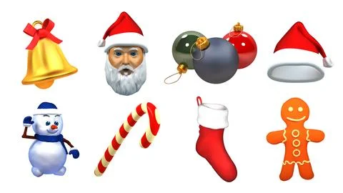 Christmas isolated vector 3d icon set with candy cane, santa head, snowman, g Illustrazione stock