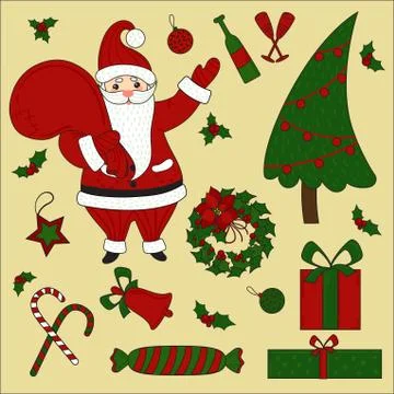 Christmas items and Santa set. New Year Stock Illustration