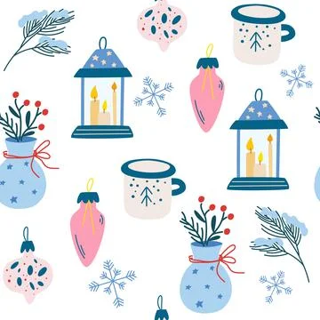 Christmas items seamless pattern. Fir twigs flashlight with candles toys ball Stock Illustration