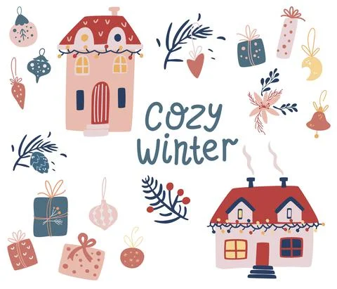 Christmas items set. Winter Decor. Houses, gifts, Christmas tree, toys, twigs Stock Illustration