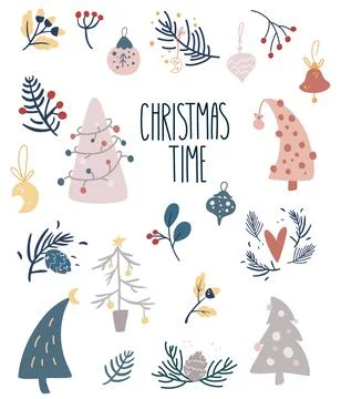Christmas items set. Winter Decor. Christmas tree, toys, twigs and berries. P Stock Illustration