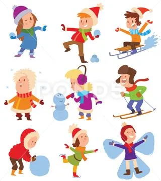 Christmas kids playing winter games Stock Illustration