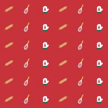 Christmas kitchen seamless pattern with rolling pin, whisk and oven mitts on red Stock Illustration