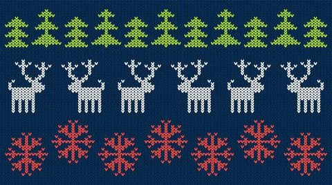 Christmas knitted holiday pattern: deer, fir trees, red snowflakes. Set on da Stock Illustration