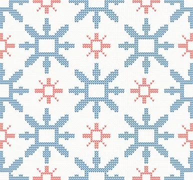 Christmas knitted seamless pattern with blue and red snowflakes イラスト素材
