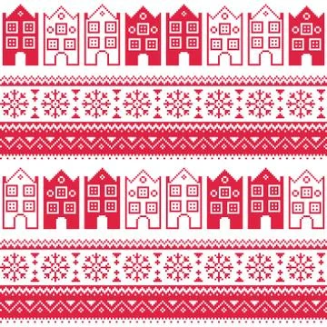 Christmas knitted seamless pattern with town houses, adn snowflakes Stock Illustration