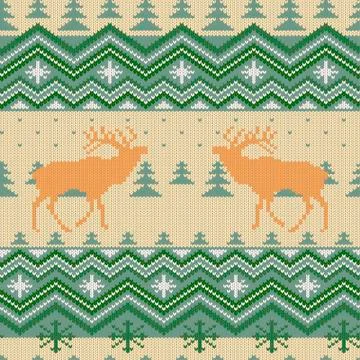 Christmas knitted woolen seamless pattern with red deer in conifer forest Stock Illustration