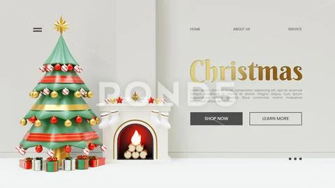 Christmas Landing Page Template WIth Tree And Fireplace 3D Rendering Illustra PSD Template