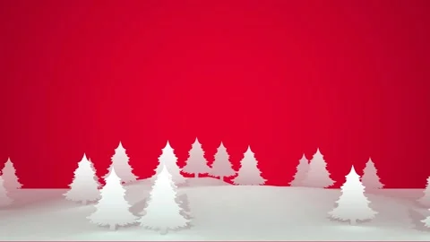 Christmas landscape of flat white pine trees on a red background Stock Footage 254951603