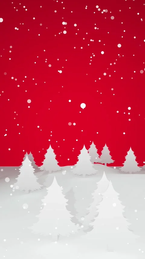 Christmas landscape of flat white pine trees on a red background Stock Footage 255830049