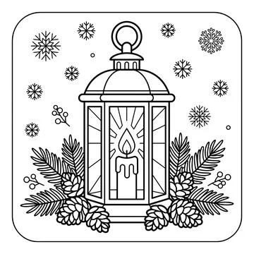 Christmas Lantern Coloring Page with Pinecone and Snowflakes Stock Illustration
